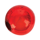 A single round metallic red bead with a glossy, reflective surface and subtle speckled texture. The bead features a central threading hole and displays light reflections across its smooth, spherical form against a white background.