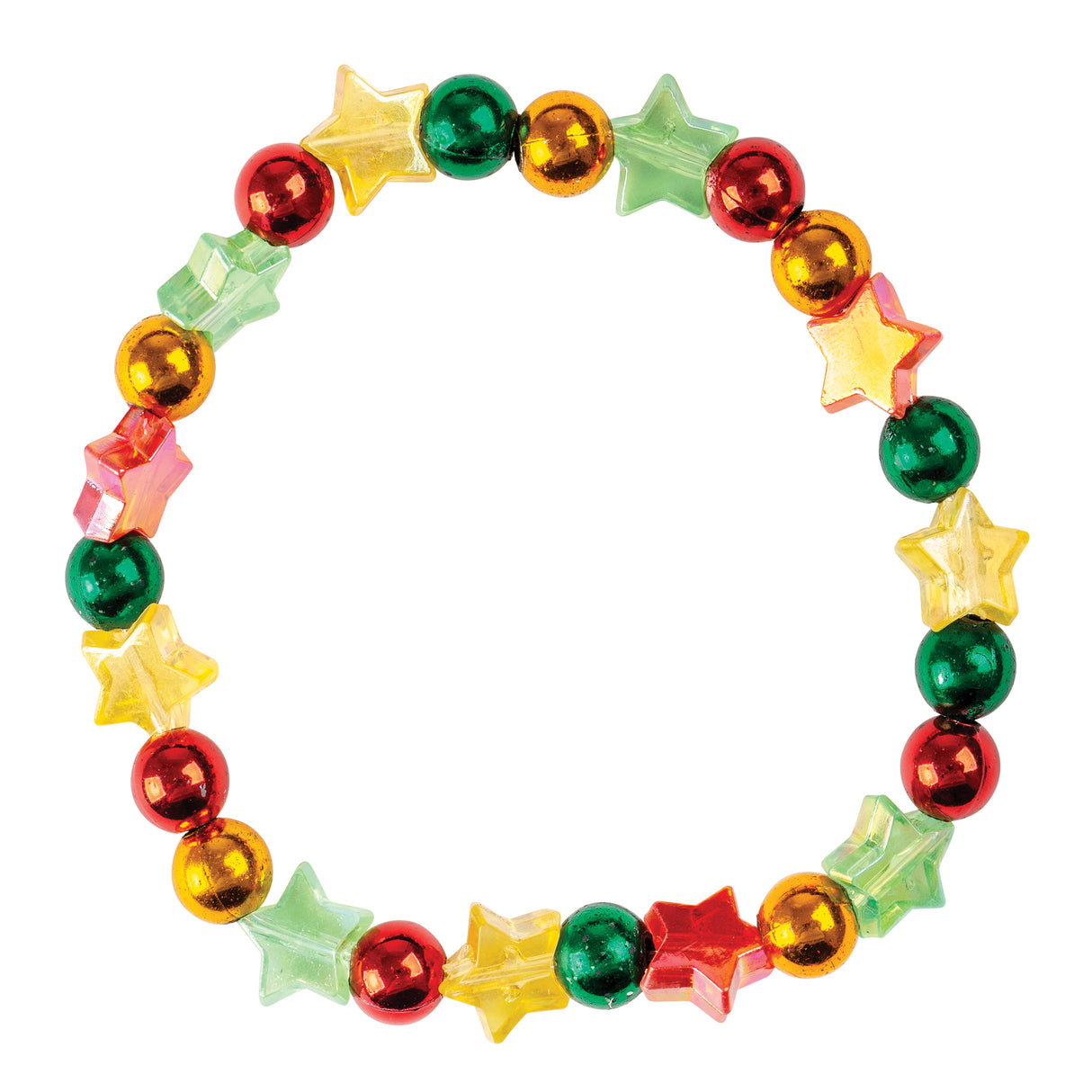 Zart Christmas Bead Assorted 250g, shown strung into a circular loop. Round metallic beads in red, green, and gold alternate with translucent star-shaped beads in yellow, green, and pink, creating a bright, festive mixed-shape pattern.
