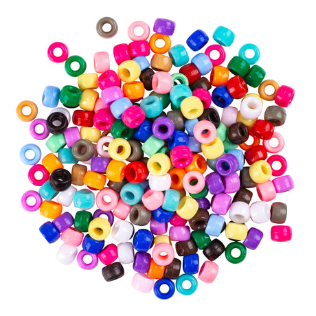 Colourful assortment of Classroom Pony Beads arranged in a circular cluster on white background, featuring barrel-shaped plastic beads with large holes in vibrant shades including pink, purple, blue, green, yellow, orange, red, brown, and white, perfect for threading and jewellery-making activities.