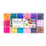 Clear plastic sorting tray containing Classroom Pony Beads by Zart in 18 vibrant colours including orange, teal, blue, pink, purple, black, yellow, and brown, organised in separate compartments. Label shows PACK OF 1494 BEADS with decorative beads illustration and product code BGZ134.