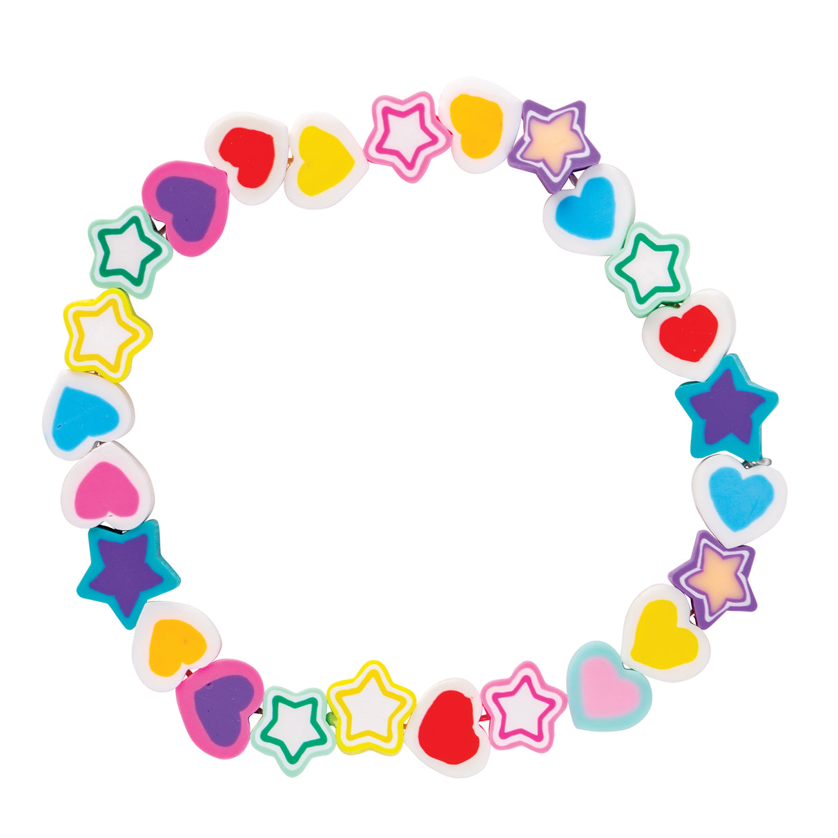 Zart Beads Hearts and Stars Mix 100g, shown strung into a circular loop alternating heart and star-shaped beads. Each bead has a white outer edge with a coloured centre in shades of red, yellow, blue, pink, purple, orange, or green.