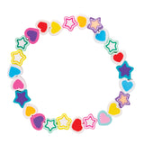 Zart Beads Hearts and Stars Mix 100g, shown strung into a circular loop alternating heart and star-shaped beads. Each bead has a white outer edge with a coloured centre in shades of red, yellow, blue, pink, purple, orange, or green.