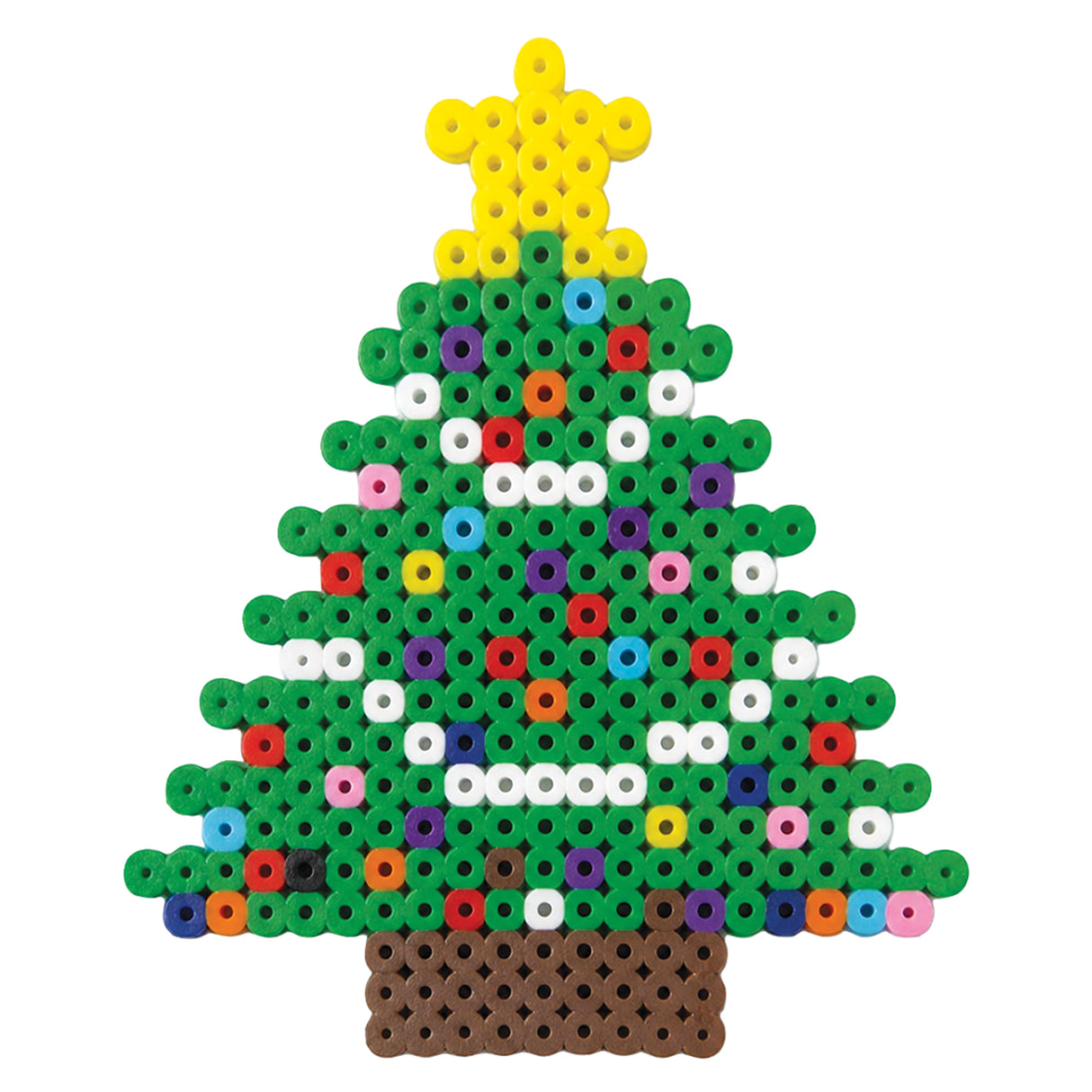 A completed Christmas tree design made from Zart Bond Fuse Beads, fused together in a pixelated triangular shape. Green beads form the tree body, dotted with red, white, purple, blue, orange, and pink beads as ornaments, topped with a yellow star and a brown trunk base.