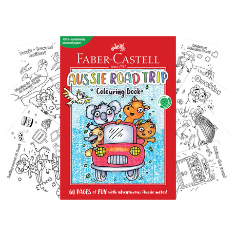Faber-Castell Aussie Road Trip Colouring Book with vibrant red cover featuring cartoon Australian animals in a pink car. Green banner states 100% sustainably sourced paper. Sample colouring pages visible on either side show native wildlife and landmarks. Cover text reads 60 PAGES of FUN with adventurous Aussie mates.