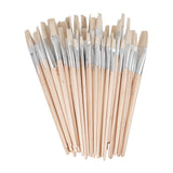 Assorted flat paint brushes with natural wooden handles and silver ferrules, grouped together on a white background. Brushes feature natural hog hair bristles in multiple sizes.