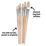 Six flat paint brushes arranged upright with on-image text reading “Natural Hog Hair Bristles” pointing to the bristles, and “Use with acrylic, poster & oil paints” pointing to the wooden handles. Sizes printed on handles include 4, 6, 8, 8, 10 and 12.