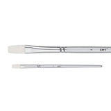 A Zart Dynamic Taklon Flat Brush Size #4 shown from two angles — close-up and full length. Features a white flat taklon bristle head, chrome ferrule, and silver tapered handle labelled "4" and "zart".