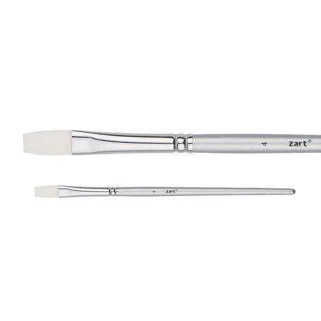 A Zart Dynamic Taklon Flat Brush Size #4 shown from two angles — close-up and full length. Features a white flat taklon bristle head, chrome ferrule, and silver tapered handle labelled "4" and "zart".