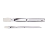 A Zart Dynamic Taklon Flat Brush Size #6 shown from two angles — close-up and full length. Features a white flat taklon bristle head, chrome ferrule, and silver tapered handle labelled "6" and "zart".