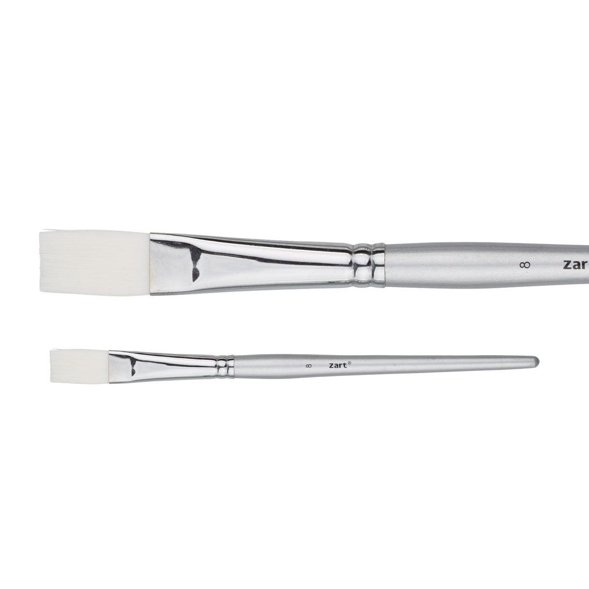 A Zart Dynamic Taklon Flat Brush Size #8 shown from two angles — close-up and full length. Features a wider white flat taklon bristle head, chrome ferrule, and silver tapered handle labelled "8" and "zart".