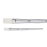 A Zart Dynamic Taklon Flat Brush Size #8 shown from two angles — close-up and full length. Features a wider white flat taklon bristle head, chrome ferrule, and silver tapered handle labelled "8" and "zart".