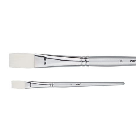 A Zart Dynamic Taklon Flat Brush Size #8 shown from two angles — close-up and full length. Features a wider white flat taklon bristle head, chrome ferrule, and silver tapered handle labelled "8" and "zart".