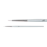 A Zart Dynamic Taklon Round Brush Size 3/0 shown from two angles against a white background — a close-up of the fine pointed white bristles and chrome ferrule, and a full-length view of the slim silver handle marked "3/0."