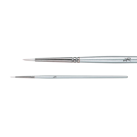 A Zart Dynamic Taklon Round Brush Size 3/0 shown from two angles against a white background — a close-up of the fine pointed white bristles and chrome ferrule, and a full-length view of the slim silver handle marked "3/0."