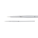 A Zart Dynamic Taklon Round Brush Size 0 shown from two angles against a white background — a close-up of the fine pointed white bristles and chrome ferrule, and a full-length view of the slim silver handle marked "0" with the Zart logo.