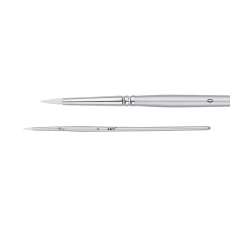 A Zart Dynamic Taklon Round Brush Size 0 shown from two angles against a white background — a close-up of the fine pointed white bristles and chrome ferrule, and a full-length view of the slim silver handle marked "0" with the Zart logo.