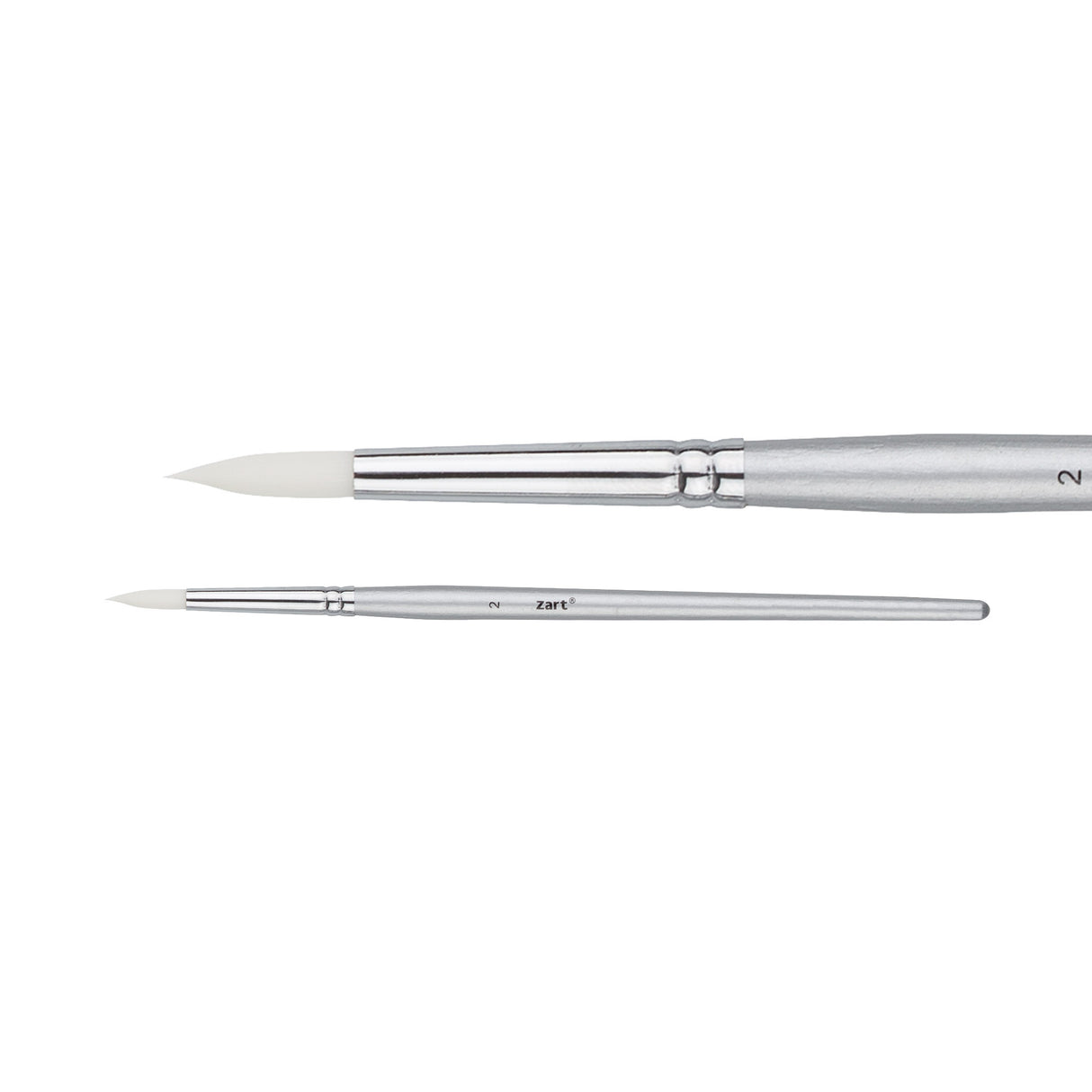 A Zart Dynamic Taklon Round Brush Size 2 shown from two angles against a white background — a close-up of the pointed white bristles and chrome ferrule, and a full-length view of the slim silver handle marked "2" with the Zart logo.