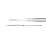 A Zart Dynamic Taklon Round Brush Size 2 shown from two angles against a white background — a close-up of the pointed white bristles and chrome ferrule, and a full-length view of the slim silver handle marked "2" with the Zart logo.