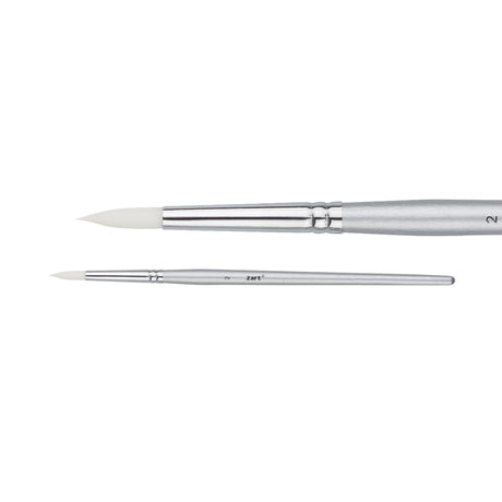 A Zart Dynamic Taklon Round Brush Size 2 shown from two angles against a white background — a close-up of the pointed white bristles and chrome ferrule, and a full-length view of the slim silver handle marked "2" with the Zart logo.