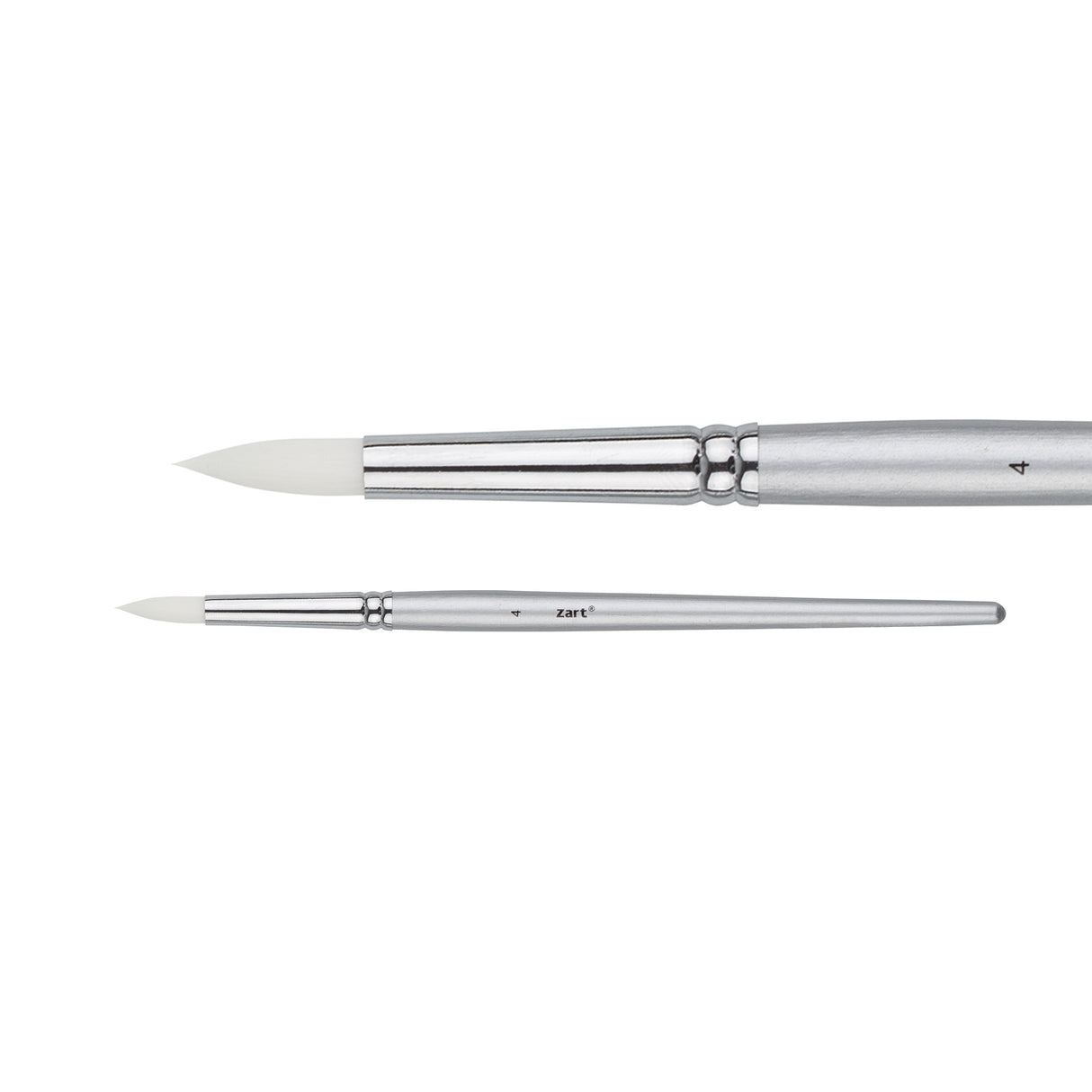 A Zart Dynamic Taklon Round Brush Size 4 shown from two angles against a white background — a close-up of the pointed white bristles and chrome ferrule, and a full-length view of the slim silver handle marked "4" with the Zart logo.