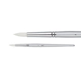 A Zart Dynamic Taklon Round Brush Size 4 shown from two angles against a white background — a close-up of the pointed white bristles and chrome ferrule, and a full-length view of the slim silver handle marked "4" with the Zart logo.