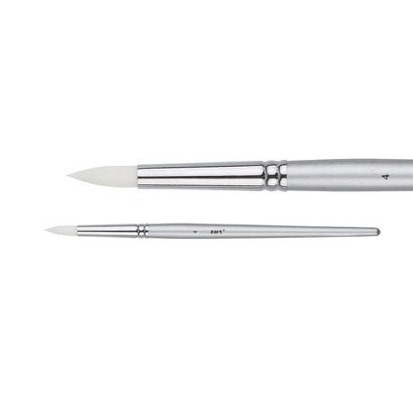 A Zart Dynamic Taklon Round Brush Size 4 shown from two angles against a white background — a close-up of the pointed white bristles and chrome ferrule, and a full-length view of the slim silver handle marked "4" with the Zart logo.