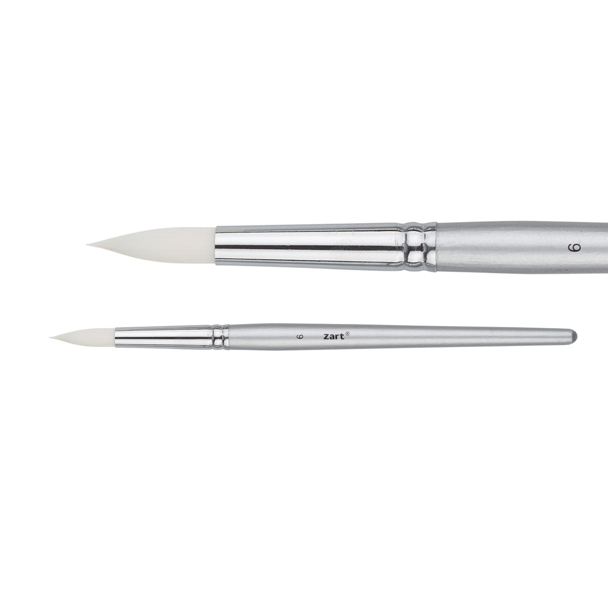 A Zart Dynamic Taklon Round Brush Size 6 shown from two angles against a white background — a close-up of the pointed white bristles and chrome ferrule, and a full-length view of the slim silver handle marked "6" with the Zart logo.