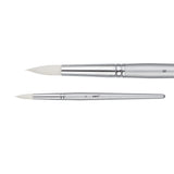 A Zart Dynamic Taklon Round Brush Size 6 shown from two angles against a white background — a close-up of the pointed white bristles and chrome ferrule, and a full-length view of the slim silver handle marked "6" with the Zart logo.