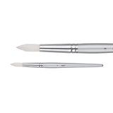 A Zart Dynamic Taklon Round Brush Size 8 shown from two angles against a white background — a close-up of the fuller pointed white bristles and chrome ferrule, and a full-length view of the slim silver handle marked "8" with the Zart logo.
