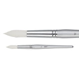 A Zart Dynamic Taklon Round Brush Size 12 shown from two angles against a white background — a close-up of the broad pointed white bristles and chrome ferrule, and a full-length view of the slim silver handle marked "12" with the Zart logo.