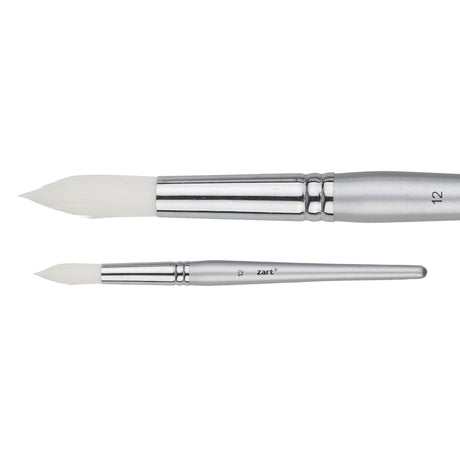 A Zart Dynamic Taklon Round Brush Size 12 shown from two angles against a white background — a close-up of the broad pointed white bristles and chrome ferrule, and a full-length view of the slim silver handle marked "12" with the Zart logo.
