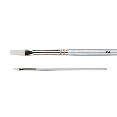 A Zart Dynamic Taklon Flat Brush Size #2 shown from two angles — close-up and full length. Features a narrow white flat taklon bristle head, chrome ferrule, and slim silver handle labelled "2".