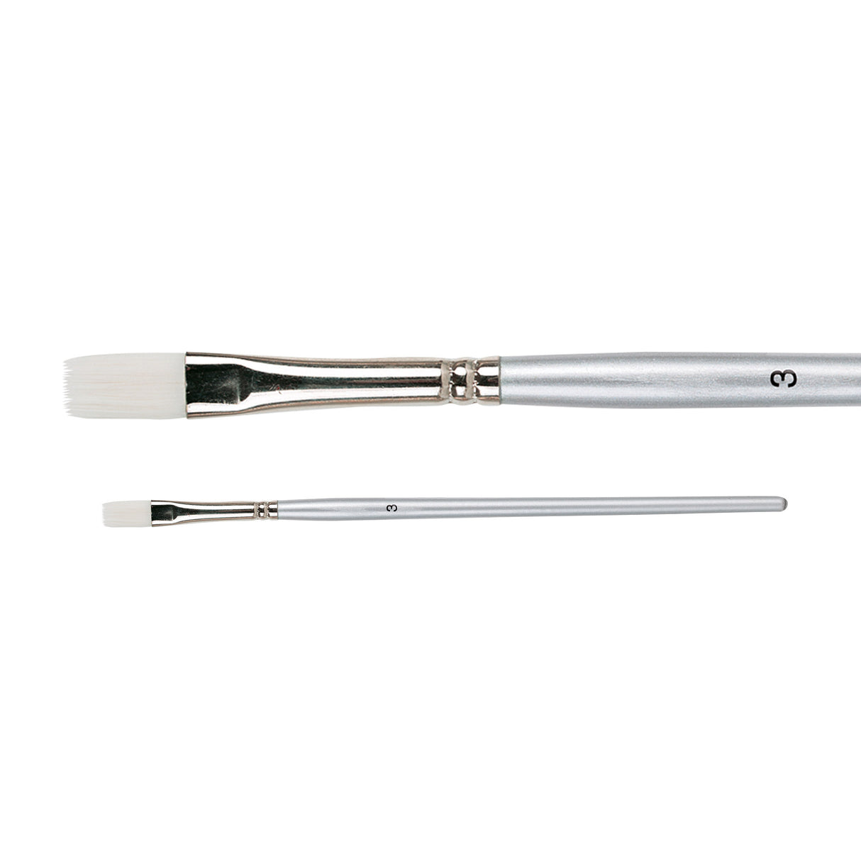 A Zart Dynamic Taklon Flat Brush Size #3 shown from two angles — close-up and full length. Features a small white flat taklon bristle head, chrome ferrule, and slim silver handle labelled "3".