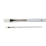 A Zart Dynamic Taklon Flat Brush Size #3 shown from two angles — close-up and full length. Features a small white flat taklon bristle head, chrome ferrule, and slim silver handle labelled "3".