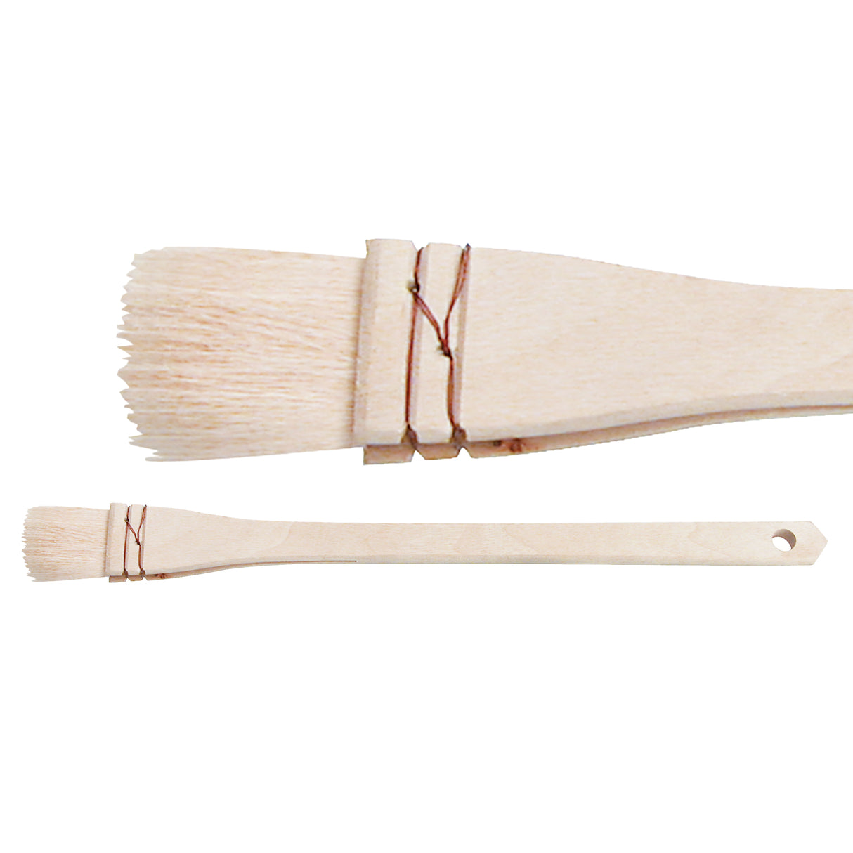 Two views of a natural wood hake brush. One image shows a close-up of soft, flat bristles bound with wire; the other shows the full brush with a slim wooden handle and hanging hole. No text annotations visible.