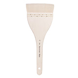 Front view of a wide hake brush with pale wooden handle and soft white bristles. Black printed annotation on the handle reads “4" Art Spectrum Hake”. A small hole at the handle end indicates hanging storage.
