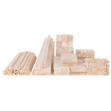 Assorted balsa wood pieces arranged in groups showing various shapes and sizes, including thin strips, rectangular blocks, square cubes, and flat planks. The natural light-coloured wood displays visible grain patterns. This class pack contains 325 pieces suitable for construction and craft projects.