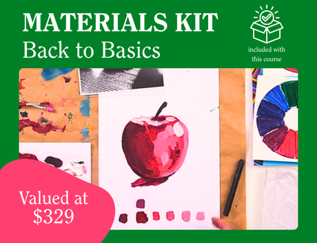 Promotional banner for the Zart Professional Learning Workshop Materials Kit: Back to Basics, valued at $329. Included with this course. Green background with a photo showing a painted apple artwork alongside watercolour paints, pencils, and art materials spread across a wooden surface.