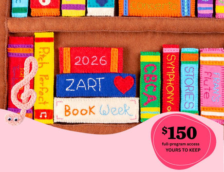 Promotional tile for Zart Education Book Week Workshop Program 2026 showing colourful felt books on shelves, including stitched titles “2026”, “ZART”, “Book Week”, “CBCA” and “Symphony of Stories”. A pink banner includes a treble clef and a price tag reading “$150 full-program access YOURS TO KEEP”.