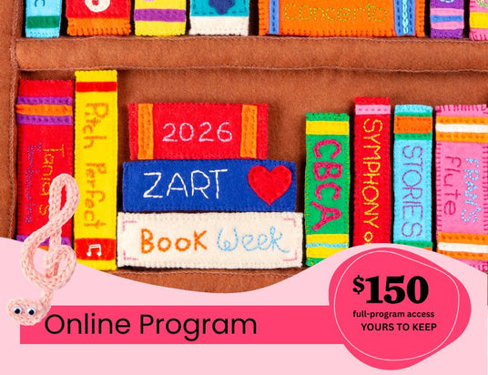 Promotional tile for Zart Education Book Week Workshop Program 2026 showing colourful felt books on shelves, including stitched titles 2026, ZART, Book Week, CBCA and Symphony of Stories. Pink banner reads Online Program with a treble clef price tag stating $150 full-program access YOURS TO KEEP.