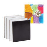 A stack of four blank Zart Canvas Square Magnetic Boards, three with textured white canvas fronts and one flipped to show its black magnetic back, positioned beside a sample artwork. The sample shows an abstract painted design in orange, blue, pink, and green with a gold gear embellishment.