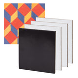 A stack of four blank Zart Canvas Square Magnetic Boards, three with textured white canvas fronts and one flipped to show its black magnetic back, positioned beside a sample artwork. The sample shows a 3D-effect geometric cube pattern painted in red, orange, and blue tones.