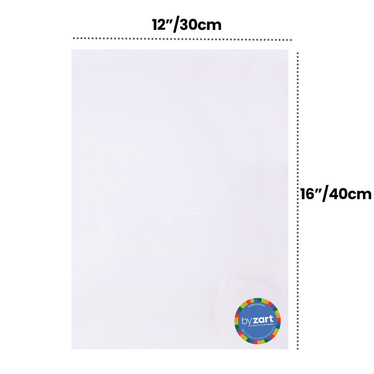Canvas board displayed flat with measurement annotations. Dotted lines show 12"/30cm across the top and 16"/40cm along the side. The white primed surface has a subtle woven texture. A small circular label reads by Zart.