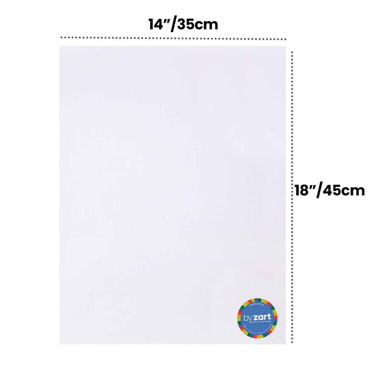 White canvas board shown with measurement guides labelled 14"/35cm across the top and 18"/45cm along the side. The surface displays a fine canvas weave. A small round label near the corner reads by Zart.