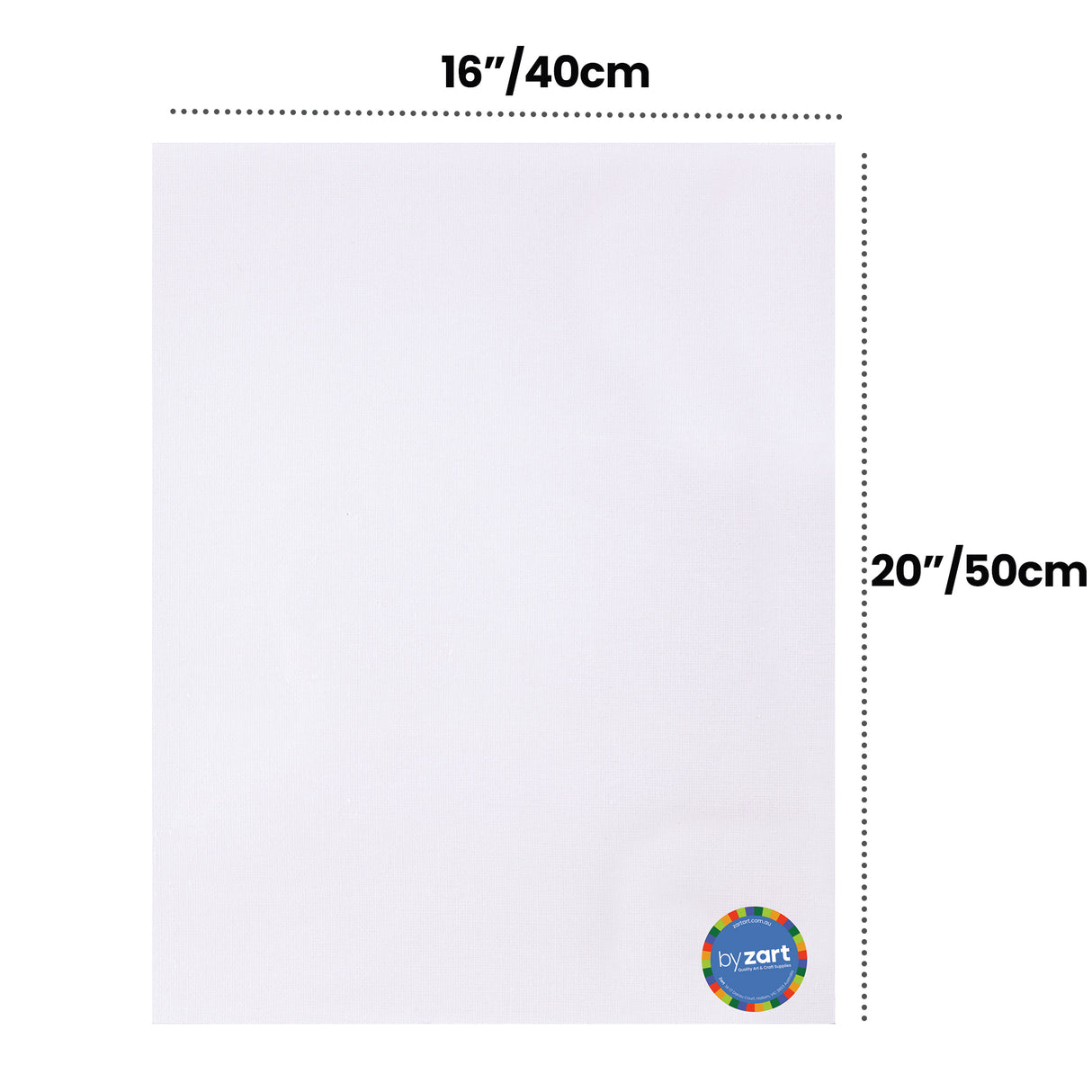 White canvas board displayed flat on a light background with measurement guides. Dotted lines mark the width labelled 16"/40cm across the top and the height labelled 20"/50cm along the side. The primed canvas surface shows a fine woven texture. A small round sticker reads by Zart.