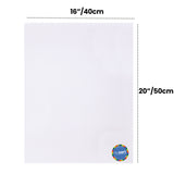 White canvas board displayed flat on a light background with measurement guides. Dotted lines mark the width labelled 16"/40cm across the top and the height labelled 20"/50cm along the side. The primed canvas surface shows a fine woven texture. A small round sticker reads by Zart.