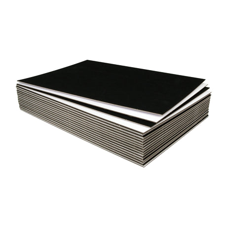 A stack of Zart Mount Board sheets arranged in a neat pile against a white background, viewed from the side at an angle. The top sheet shows a matte black surface, while a fanned sheet beneath reveals a white reverse. The layered edges show the board's grey thickness.
