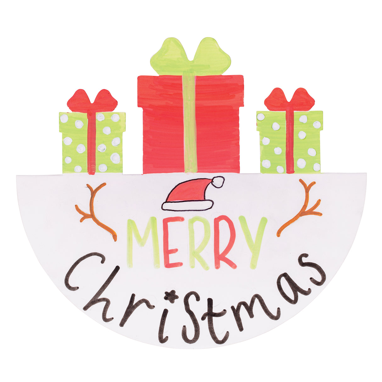 A hand-decorated Zart Rocking Christmas Card featuring three marker-coloured gifts in red and green with polka dots and bows, arranged along the top edge. Below, "MERRY Christmas" is written in bold lettering, alongside a drawn Santa hat and two simple antler branches.