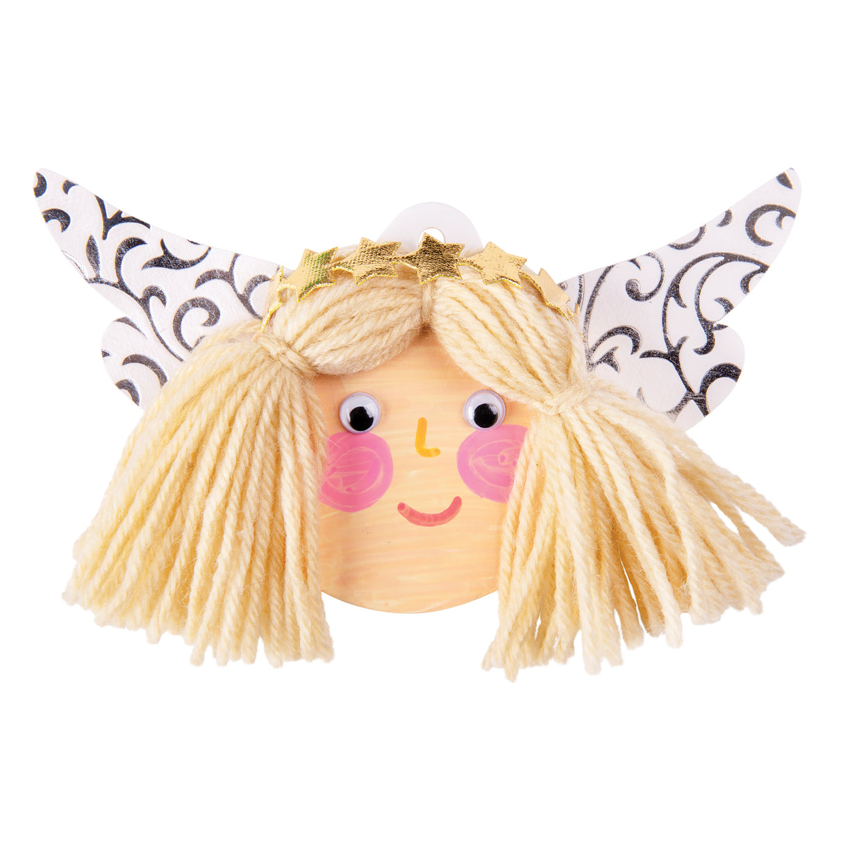 An angel face sample made using a Zart Cardboard Bauble, painted in a soft peach tone with pink cheeks and a smiling mouth. Blonde yarn hair is topped with a gold star headband, Joggle Eyes complete the face, and patterned wings extend from either side.