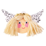 An angel face sample made using a Zart Cardboard Bauble, painted in a soft peach tone with pink cheeks and a smiling mouth. Blonde yarn hair is topped with a gold star headband, Joggle Eyes complete the face, and patterned wings extend from either side.